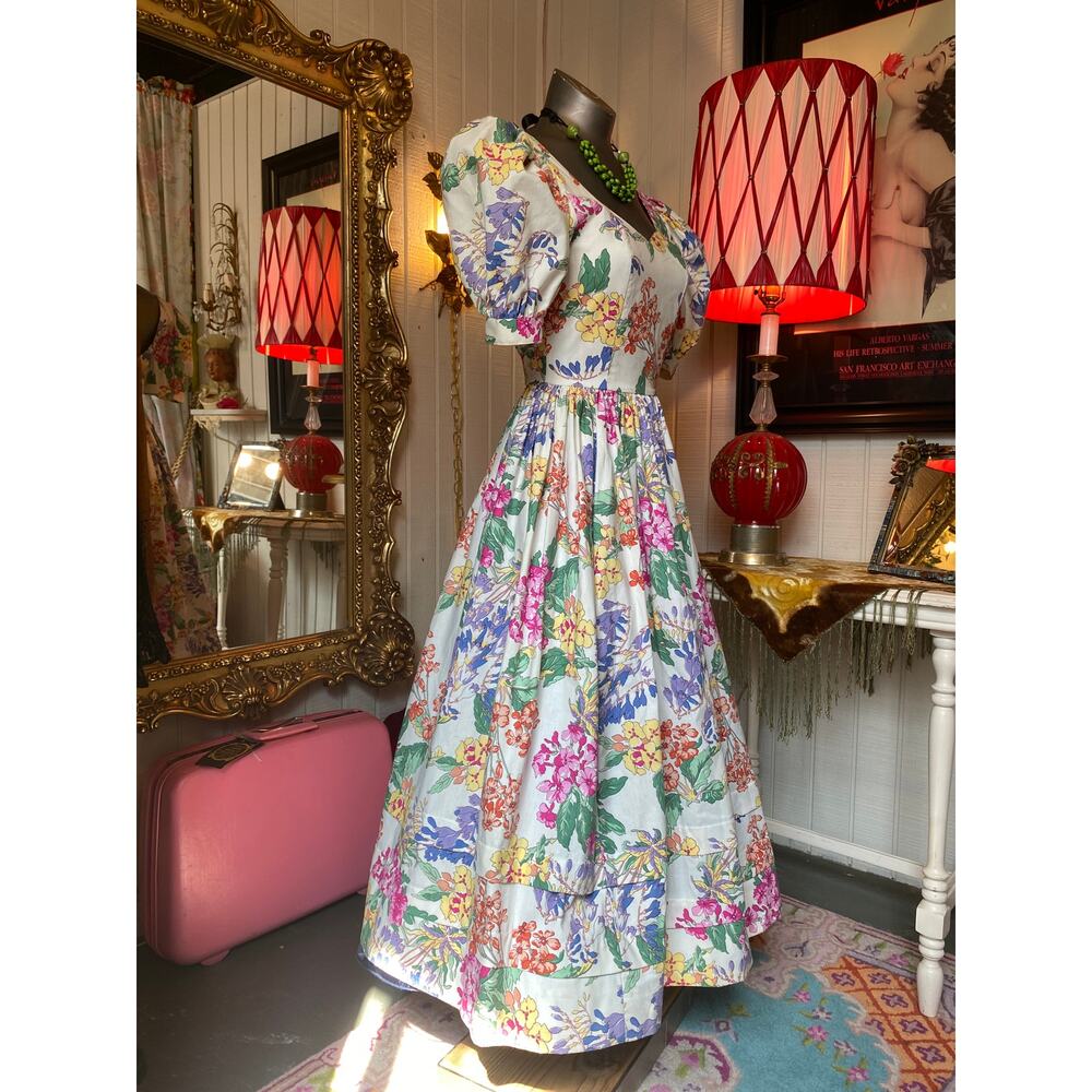 vintage 1980s laura ashley floral cotton dress fit and flare puff sleeves 50s xs - Picture 6 of 11